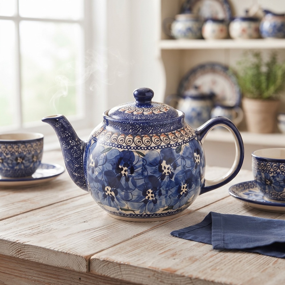 Boleslawiec Polish Pottery UNIKAT Teapot Blue Floral Hand Painted Stoneware 32oz